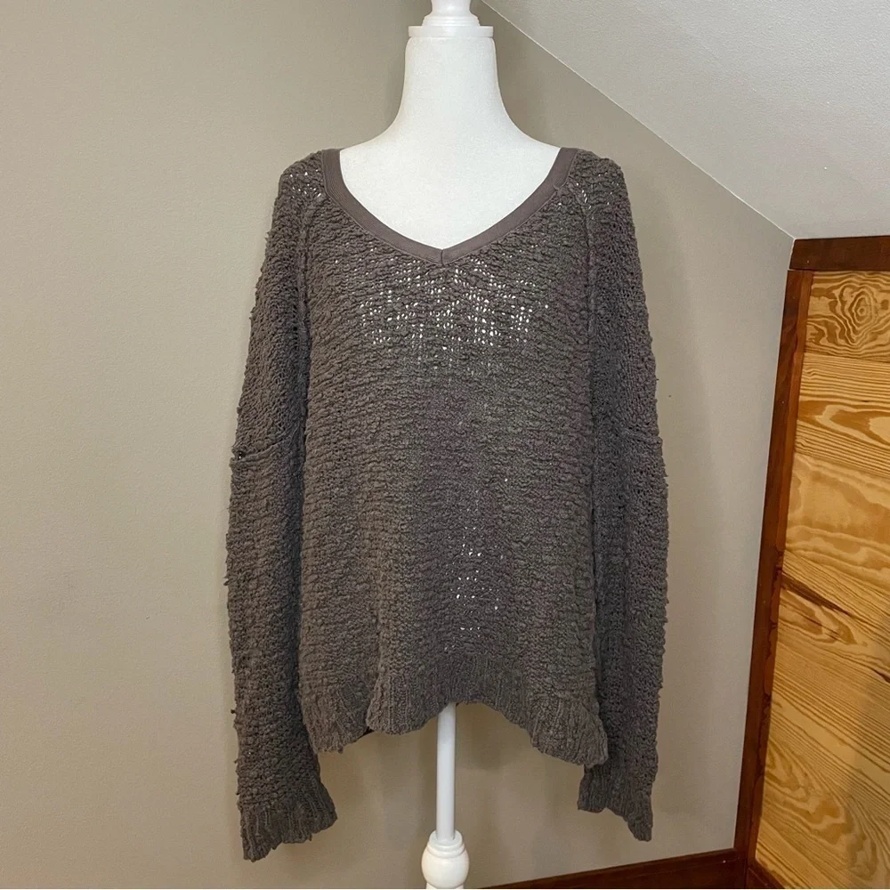 Free People Reverse Hem Open Knit V-Neck Sweater